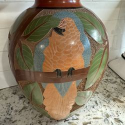 Tall Nicaraguan Clay Parrot Art Pottery Vase