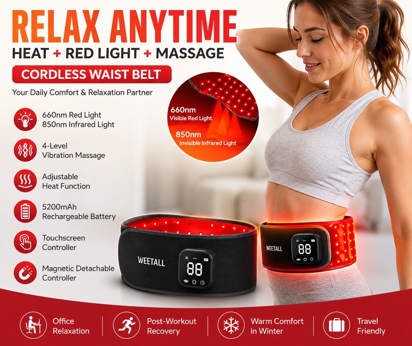 Cordless Red Light Waist Belt w/ Heat & Vibration Massage
