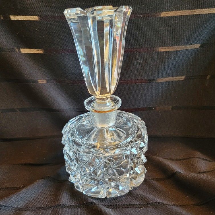 Vintage Heavy Cut Crystal Faceted Perfume Bottle with Elaborate Stopper 6.5"