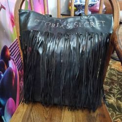 Victoria Secret Black Faux Leather Fringe Tote Bag 