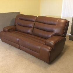 Brown Leather Dual Power Reclining Sofa 