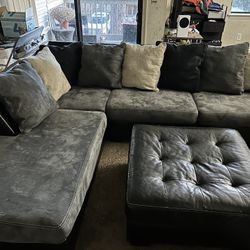 Leather & Fabric Sectional Set w/ Swivel Chair + Ottoman
