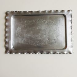 Antique Stylish Metal Tray. Elegant carving on metal. Like new condition. 17” x 11”.