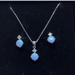 Solid Sterling Silver 925 Blue Opal Earrings N Pendant Set