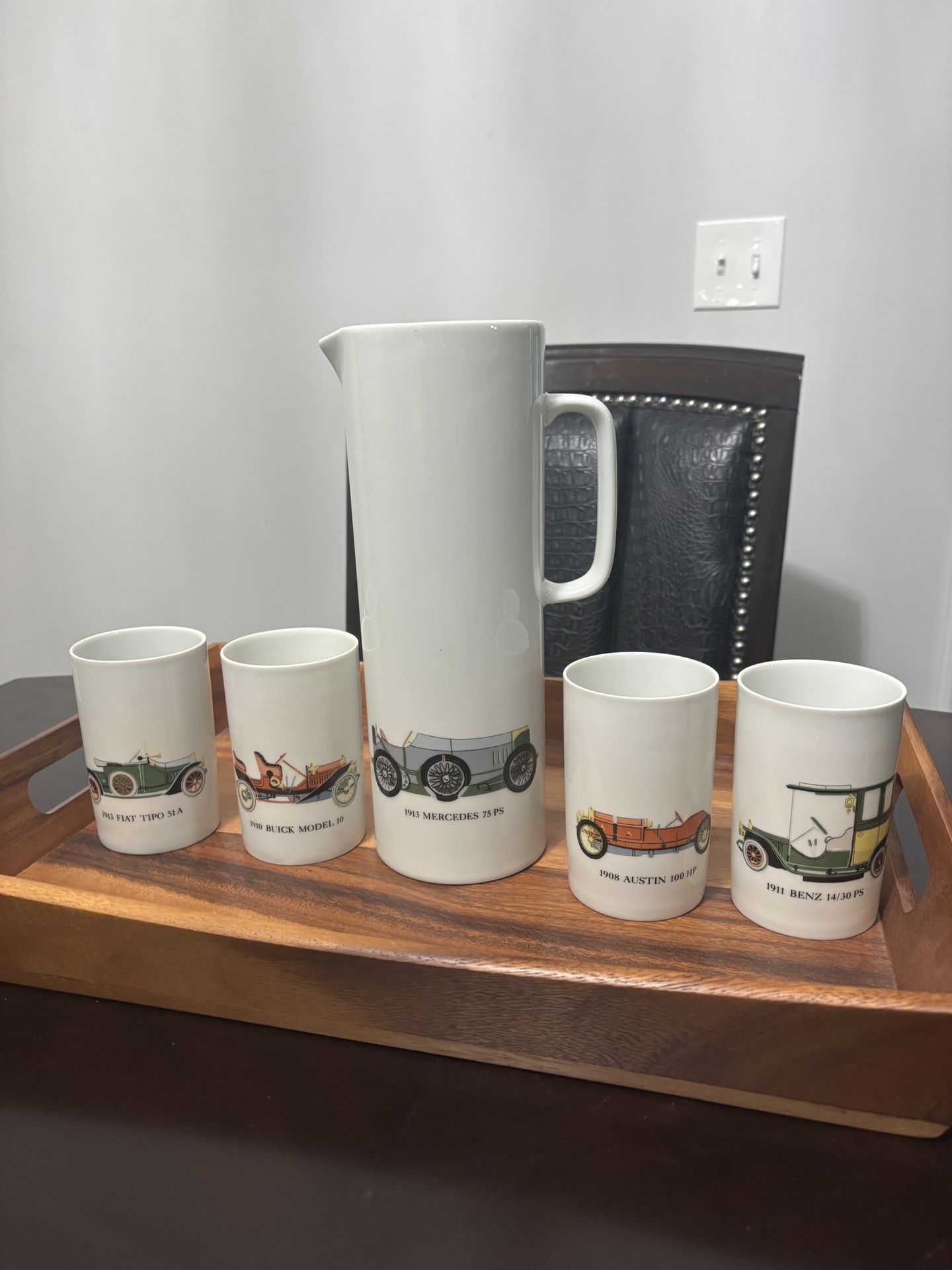 Bavaria Germany Car 5 Tumblers Pitcher Renault Austin Mercedes Ford Fiat Benz