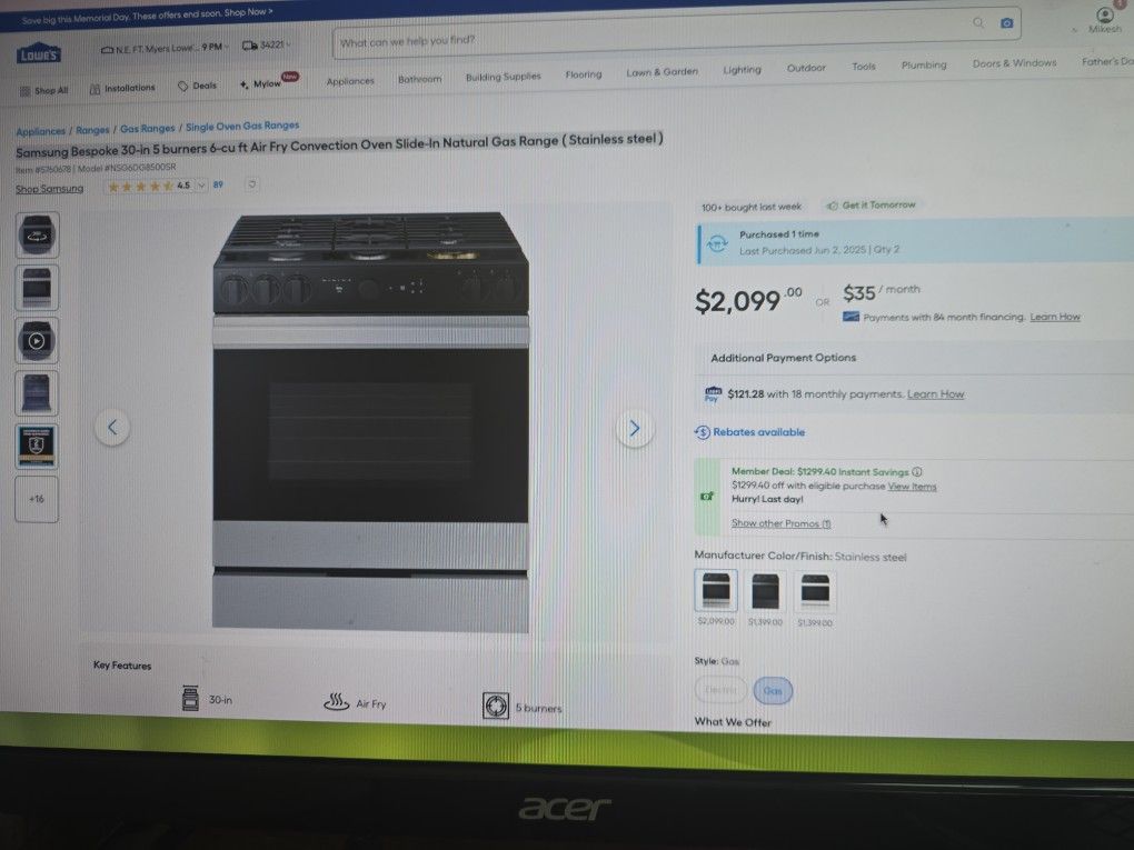 Samsung Bespoke 30-in 5 burners 6-cu ft Air Fry Convection Oven Slide-In Natural Gas Range ( Stainless steel )