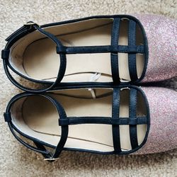 3 youth girl pink black glitter flats shoes dressy EUC 