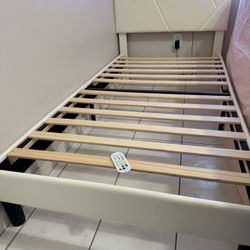 LIKIMIO Twin Bed Frame with LED Lights, Smart App Control, Modern Upholstered Bed Frame, No Box Spring Needed, Noise-Free, Easy Assembly, Color White