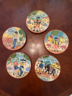 Set of 5 Hand-Painted Folk Art Ceramic Wall Plates