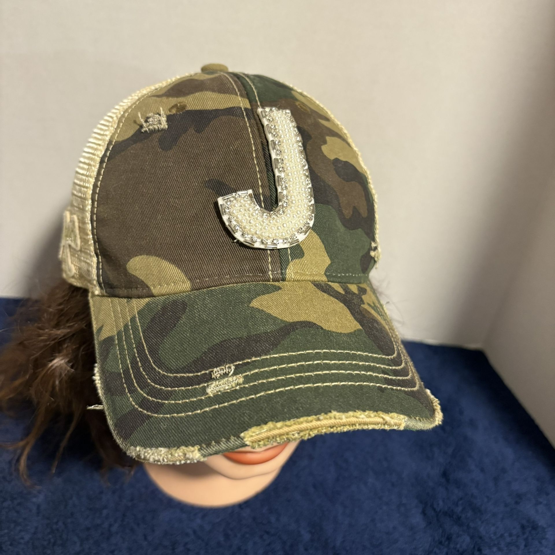 Judith March Beaded Monogrammed 'J' Camouflage Trucker Mesh Hat Distressed
