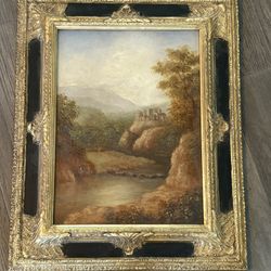 Vintage 19th Century Landscape Castle Oil Painting Ornate Frame Signed Puzo