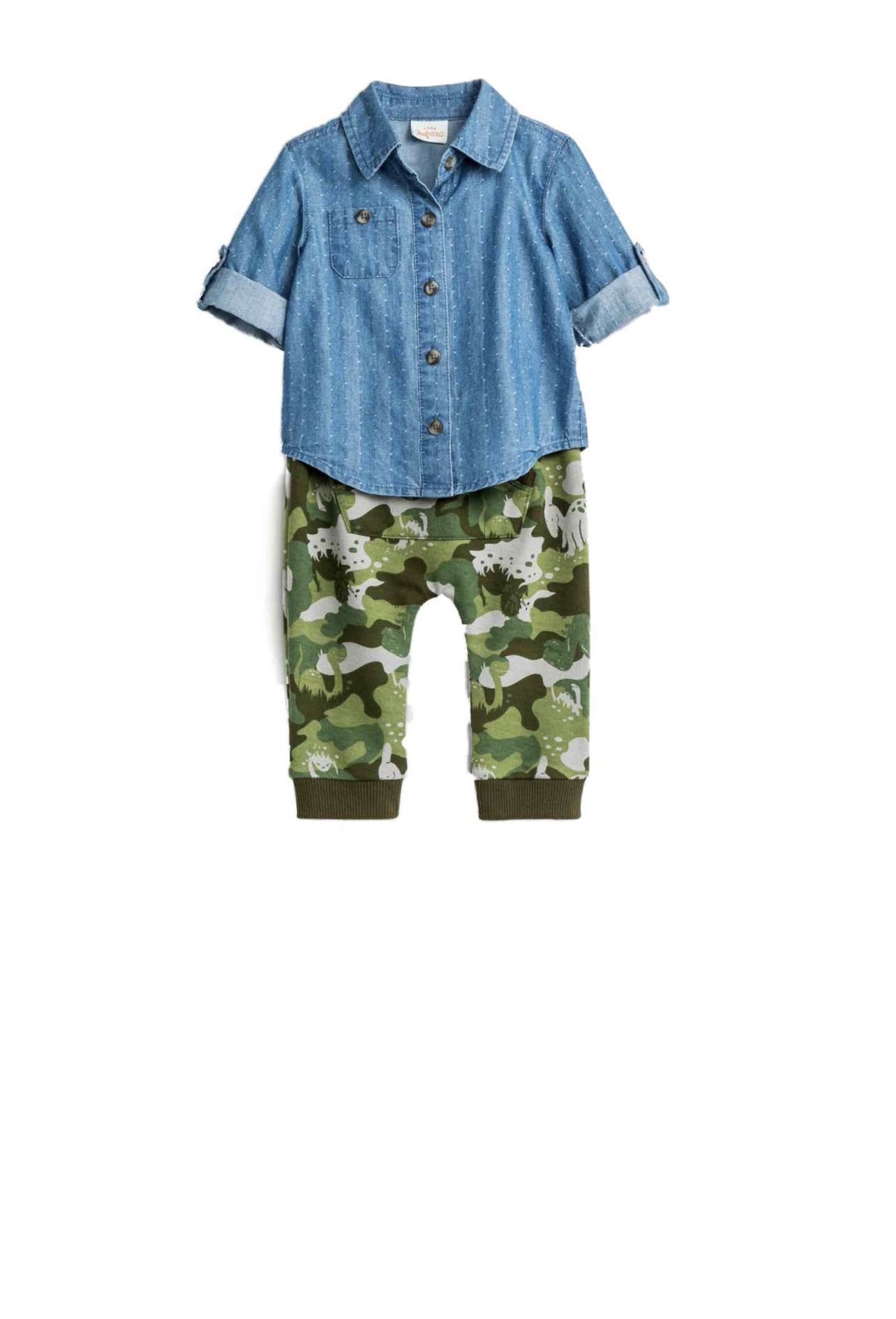 Cat and Jack infant boys 2pc Baby Outfit Blue Denim Shirt & Dino Camo Pant Set