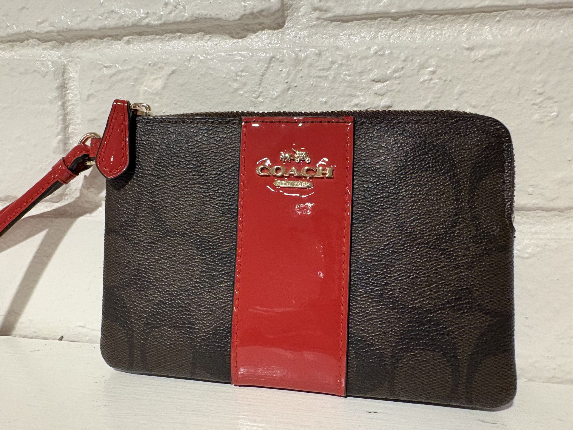 Coach Signature Canvas Wristlet – Brown & Red – Excellent Condition