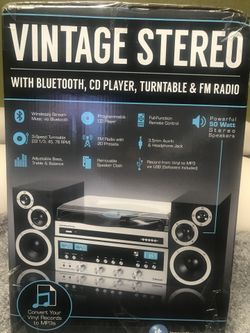 Innovative Technology Classic Retro Bluetooth Stereo System with CD Player FM Radio Aux In Headphone Jack and Turntable Silver and Black for Sale