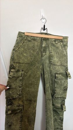 Olive Green Acid Wash Cargo Pants