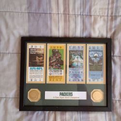 Green Bay Packers Super Bowl Tickets and Bronze Coin Frame