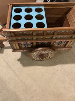 Hand-Painted Wooden Bar Cart with Wine Bottle Rack Floral Multicolor Decor
