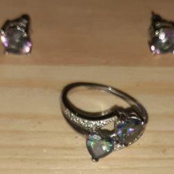 Beautiful Women's Sterling Silver Topaz Heart Ring Size 10 And Matching Earrings