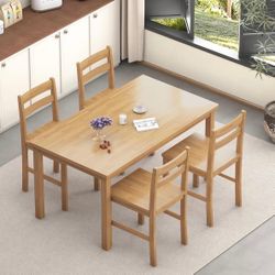 Solid Wood Dining Table + Chairs, Natural
