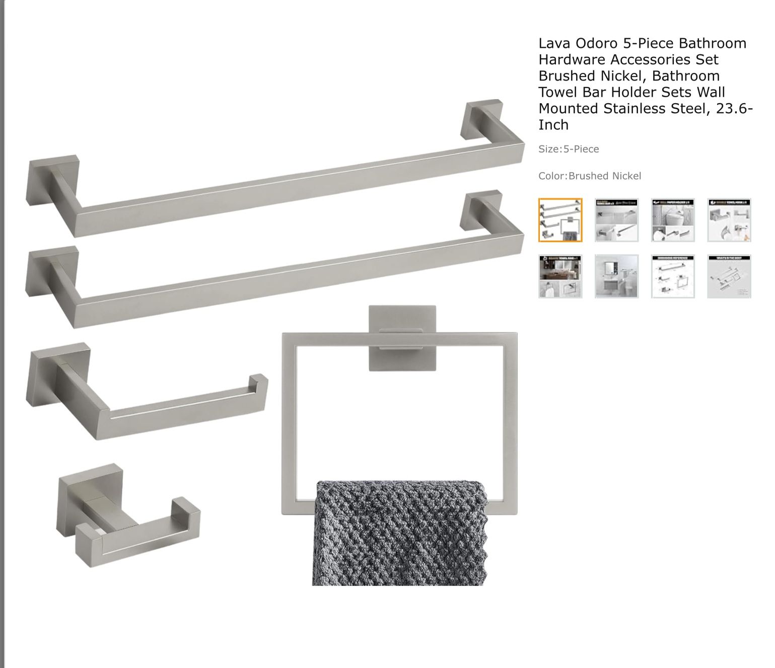 5 Piece Bathroom Hardware Accessories Set Brushed Nickel Bathroom Towel Bar Holder Sets Wall Mounted Stainless Steel 23.6 Inch