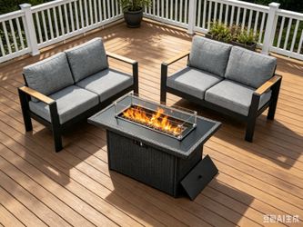 Outdoor Aluminum Furniture Set, 2  Loveseats and Fire Pit table