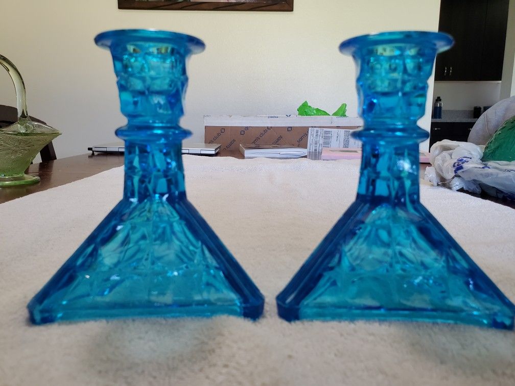 Tiara Glassware - Blue Candle Holders (Pair)