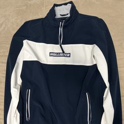 Hollister Windbreaker Quarter Zip Jacket Mens Medium Two Block White Navy Blue