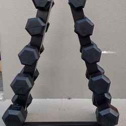 RUBBER HEX DUMBBELLS SET:
    5lb - 30lb.  WITH RACK.
    