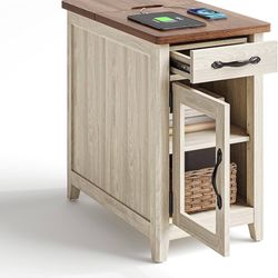  End Table with Charging Station, Narrow Side Table for Living Room, Sofa Side Table with Drawer and Storage Cabinet, Small Nightstand for Home Office