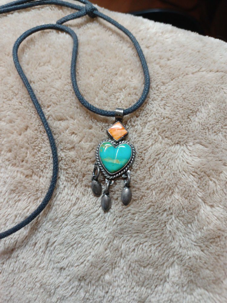TURQUOISE HEART WITH CORAL,,,ROPE ADJUSTABLE OVER HEAD NECKLACE 