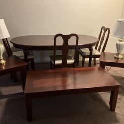 Dining Table with three chairs, Two Side Tables with Two Lamps and Coffee Table