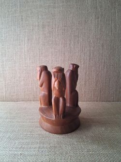 Vintage Hand-Carved Wood "Three Wise Monkeys" Figure, See Hear Speak No Evil Monkeys Sculpture