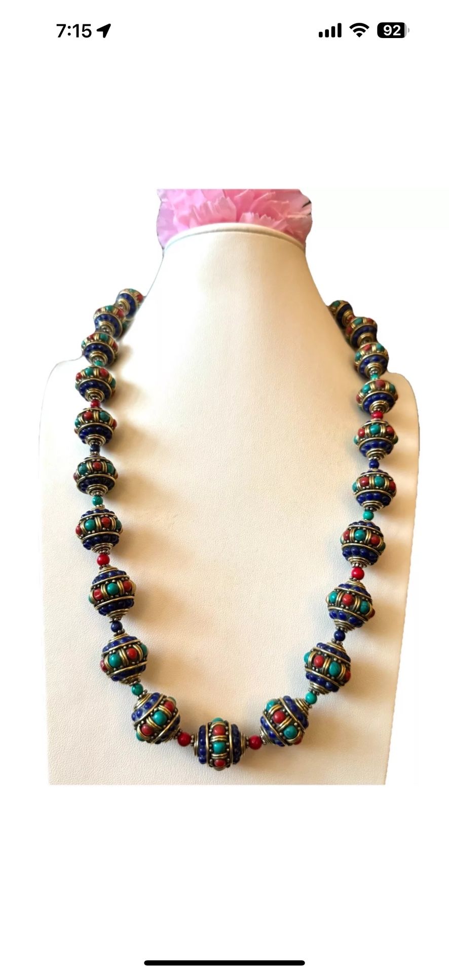 Vintage & Handmade Ethnic Tibetan Silver Beads With Inaly Multi stones Necklace 24”inch and 163grams
