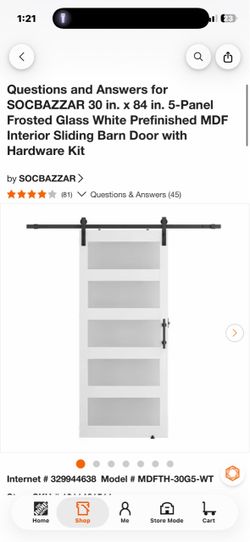 30 in. × 84 in. 5-Panel Frosted Glass White Prefinished MDF Interior Sliding Barn Door with Hardware Kit