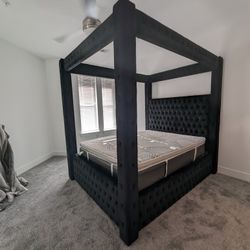 Black Canopy Upholstered Queen Size Bed Frame, Mattress 
