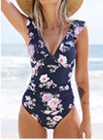 XL CUPSHE Women's Ruffled One Piece Swimsuit V Neck Lace Up