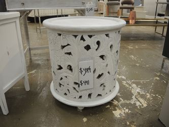 Carved Round Side Table - White