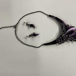 Vintage Silver tone Purple Leaf  Statement Adjustable Necklace/Earring Set