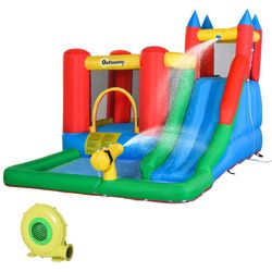 Outsunny 6 in1 Castle Bounce House Slide w/Splash Pool, Water Cannon, Inflator Included