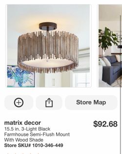 15.5 in. 3-Light Black Farmhouse Semi-Flush Mount With Wood Shade