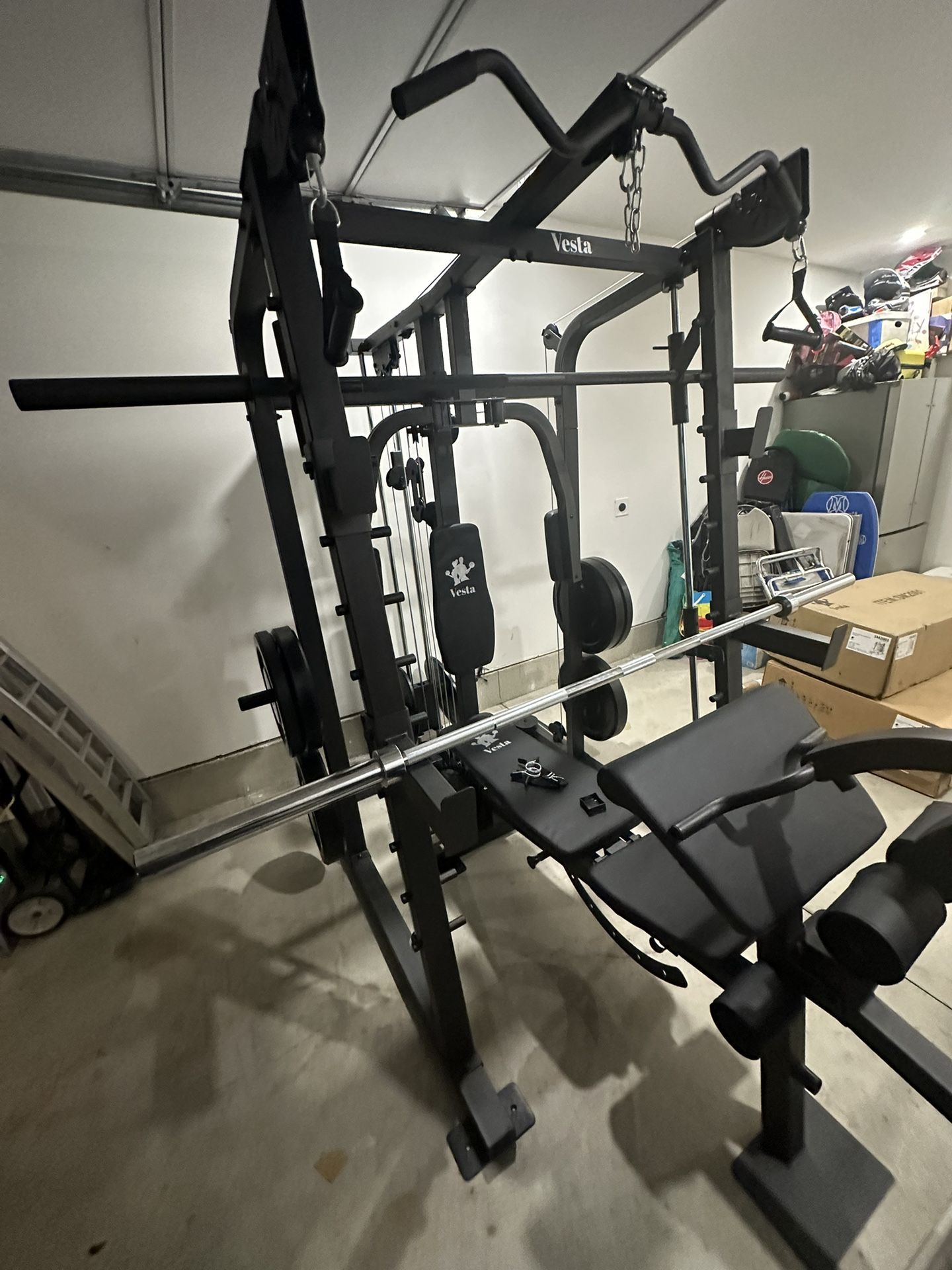 Vesta Fitness Smith Machine 2001 w/Bench Attachment | 230lb Bumpers Weights | 7ft Olympic Bar | Fitness | Gym Equipment | FREE DELIVERY 🚚
