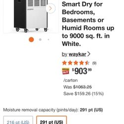 291-Pint Industrial Dehumidifier with Smart Dry for Bedrooms, Basements or Humid Rooms up to 9000 sq. ft. in White.