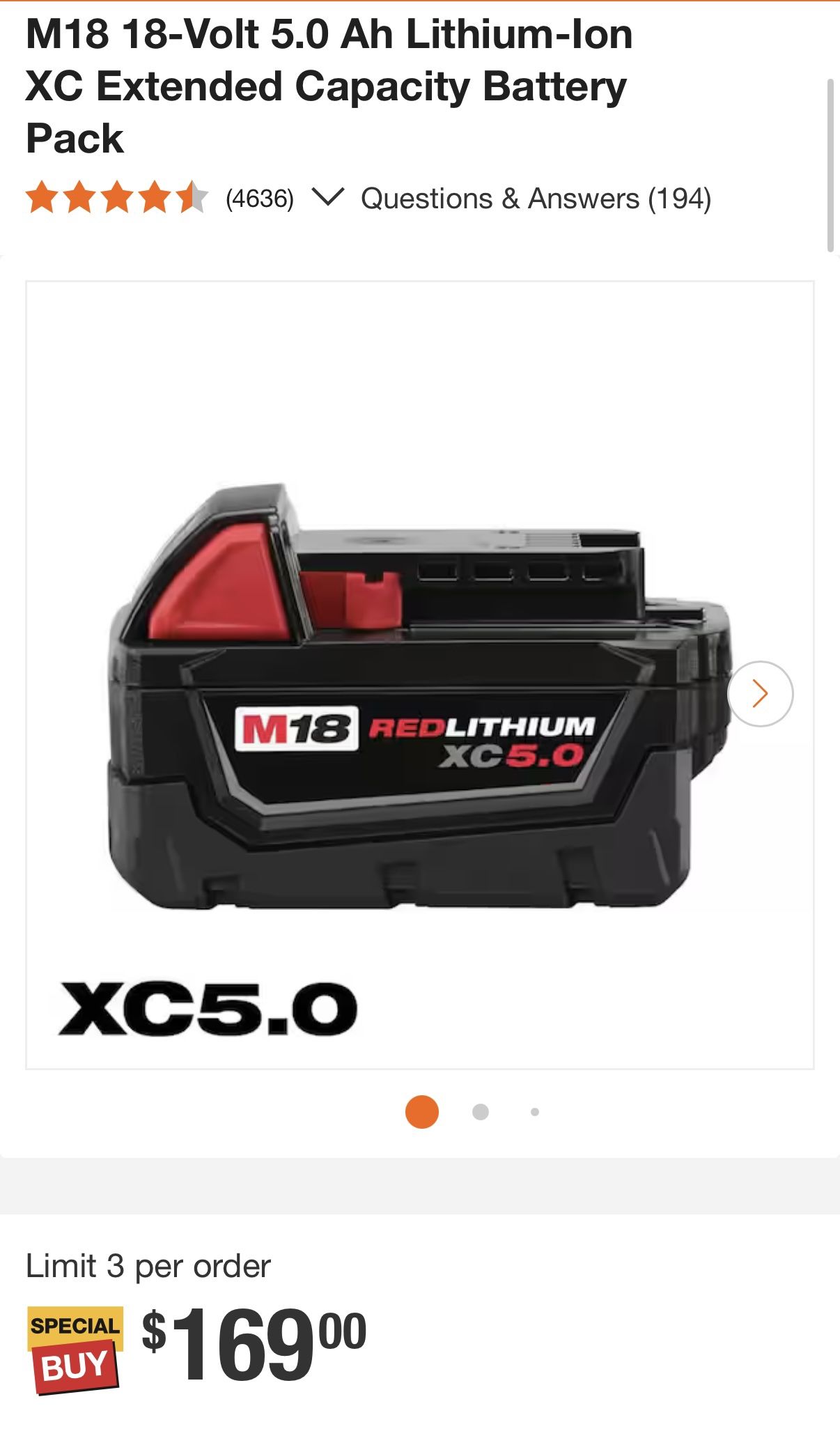 Milwaukee M18 5.0Amph Battery $60