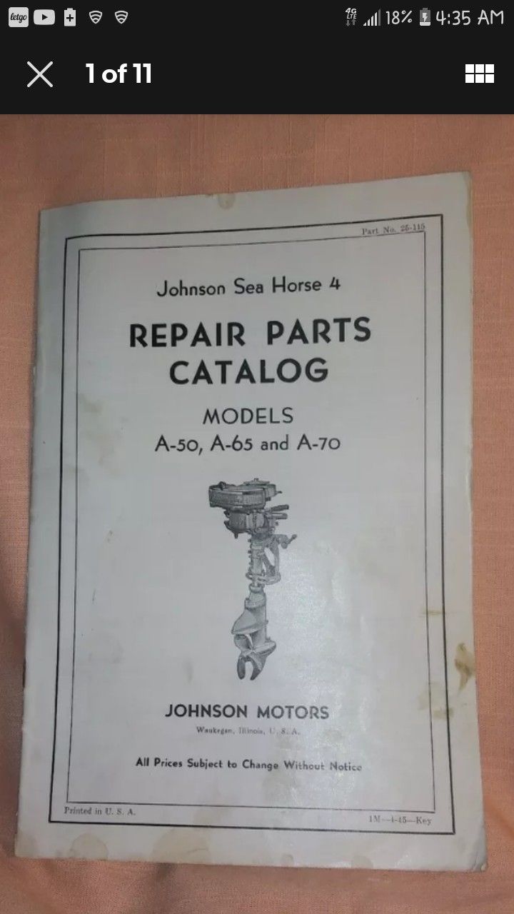 1930s Johnson Sea Horse 4 Repair Parts Catalog 4 Models A-50,A-65