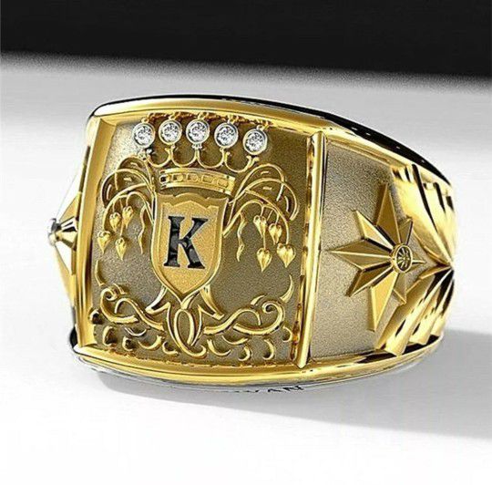 Size 8 Fashion Luxury Ring 18K Gold Plated Letter K with Crown Pattern Dazzling CZ Ring For Men 