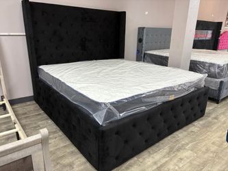 🔥Brand New Black Upholstered Velvet Tufted King & Queen Platform Bed Frame + Opt Mattress | Pay After Delivery