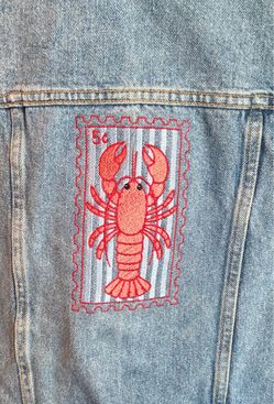One of a Kind-Embroidered Lobster Denim Vest - Blue with Red Patch