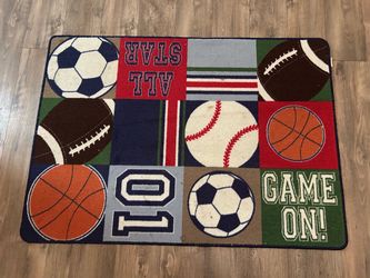 Kids Sports Theme Area Rug & Baseball Wooden Shelf