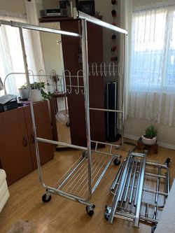 Chrome Rolling Clothes Rack with Mirror and Hooks
