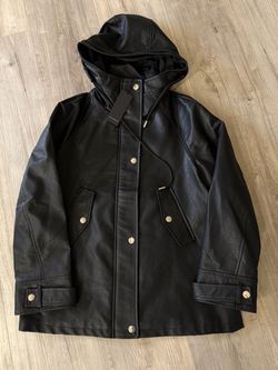 Black Leather Hooded Jacket with Gold Snaps size M women’s